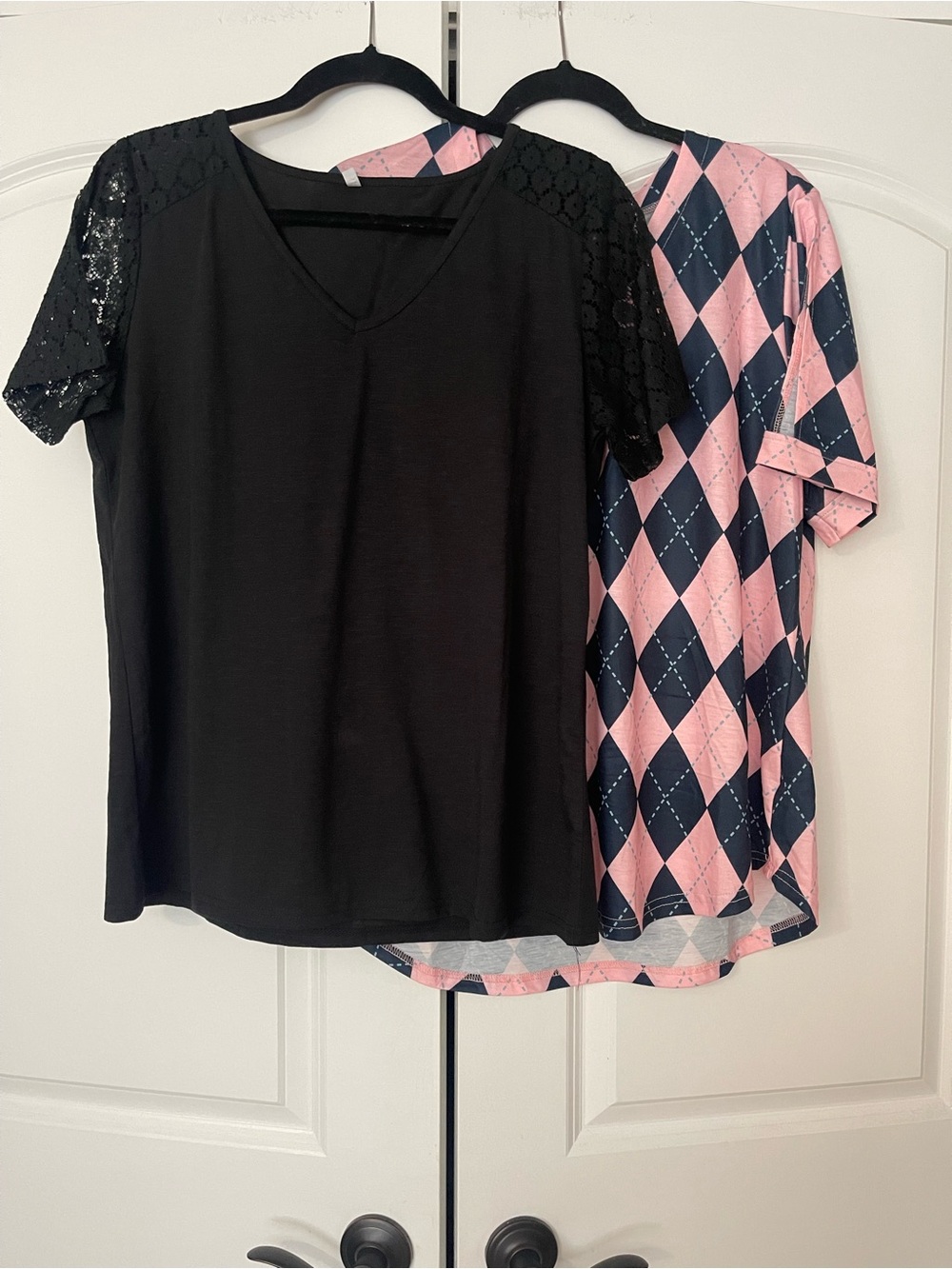 Black Lace Sleeve Top + Pink & Navy Argyle Tee Duo